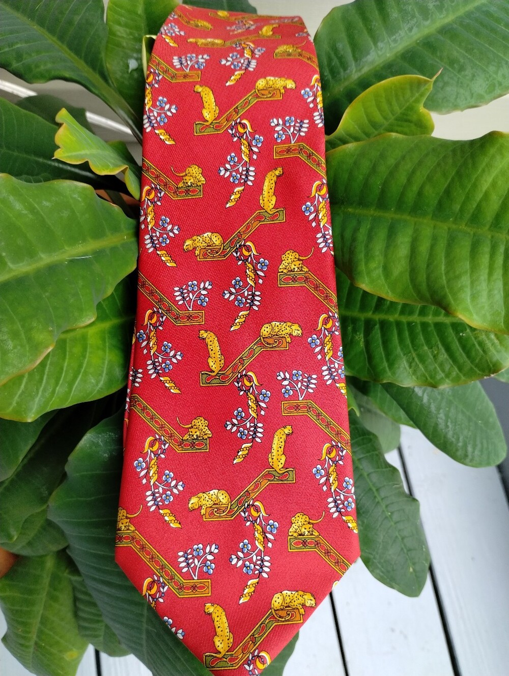 Salvatore Ferragamo Red Tie with Gold and Blue Details